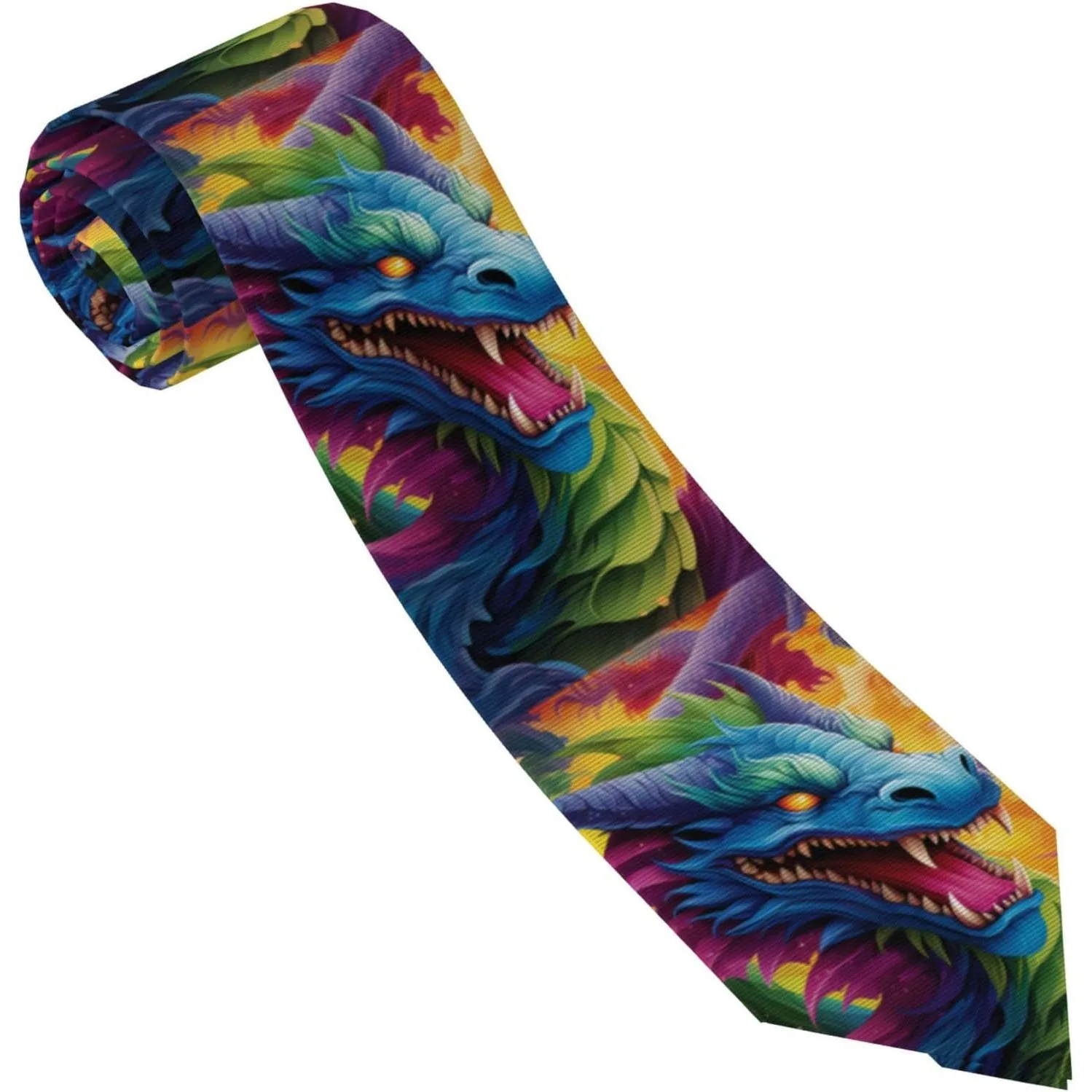 Men's Necktie Colorful Fantasy Dragon Print Neck Tie Bright Mythical Creature Pattern Suit Tie