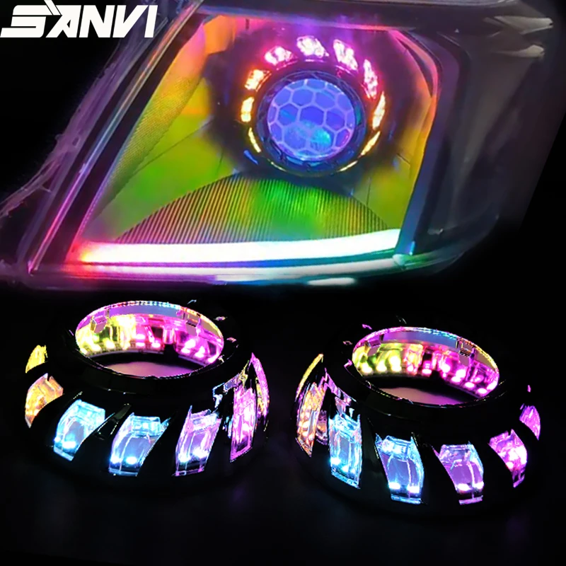 

SANVI 2PCS 3'' Rotating RGB Angel Eyes Mask APP Control Multicolor Projector Lens Shroud For Car Motorcycle Headlight Upgrade