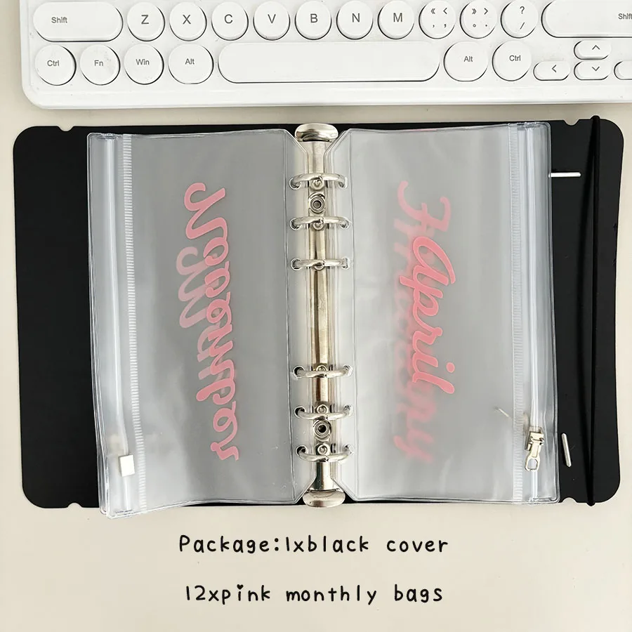 A6 Loose Leaf Monthly Zipper Bag Cash Budget Envelope Binder Ticket Receipt Storage Bag Wealth Management Gift Set 1 cover + 12