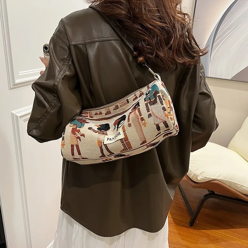 Egyptian Pharaoh Pattern Printed Solid Color Zipper Bucket Canvas Shoulder Bag Fashion Handbag 2024 Hot Sale Bags for Women