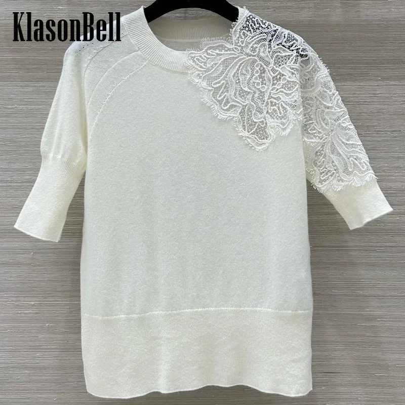 

9.8 KlasonBell Women's Fashion Sweet Lace Embroidery Half Sleeve Knitwear Hem Split Soft Comfortable Cashmere Knit Sweater