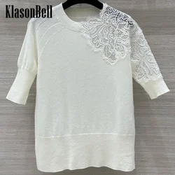 9.8 KlasonBell Women's Fashion Sweet Lace Embroidery Half Sleeve Knitwear Hem Split Soft Comfortable Cashmere Knit Sweater