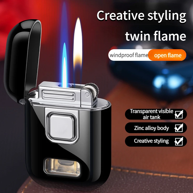 

New Double Fire Lighter, Metal Round Feel, Double Fire Switch, Personalized Creative Windproof Blue Flame Gift Cigarette Lighter