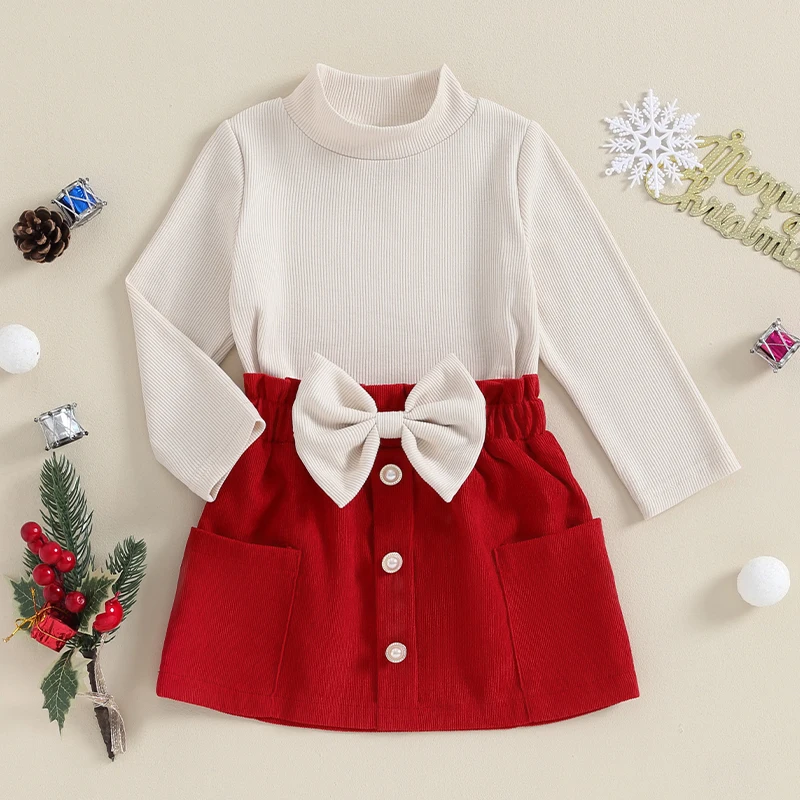 Toddler Girls 2Pcs Fall Outfits Kids Long Sleeve Mock Neck Tops Pocket Skirt Set Baby Clothes 6Month-4Years