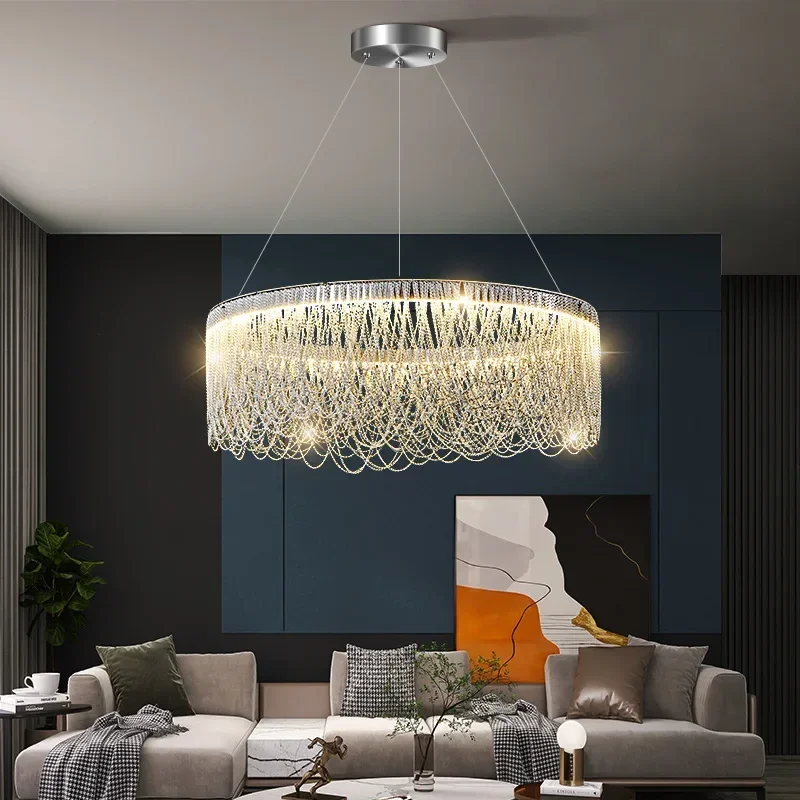 Designer led cromo borla lustres iluminação casa sala de jantar quarto decoração pingente pendurado lâmpada corrente alumínio lustre