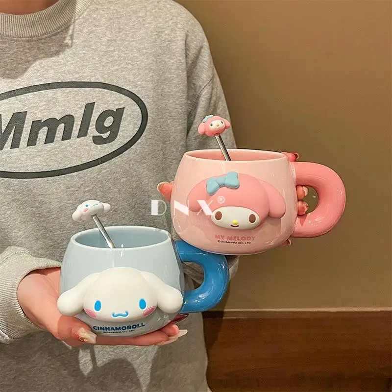 New Sanrio Kuromi My Melody Cinnamoroll Cartoon Cute Ceramic Cup Mug Large Capacity Children's Spoon Milk Cup Office Coffee Cup