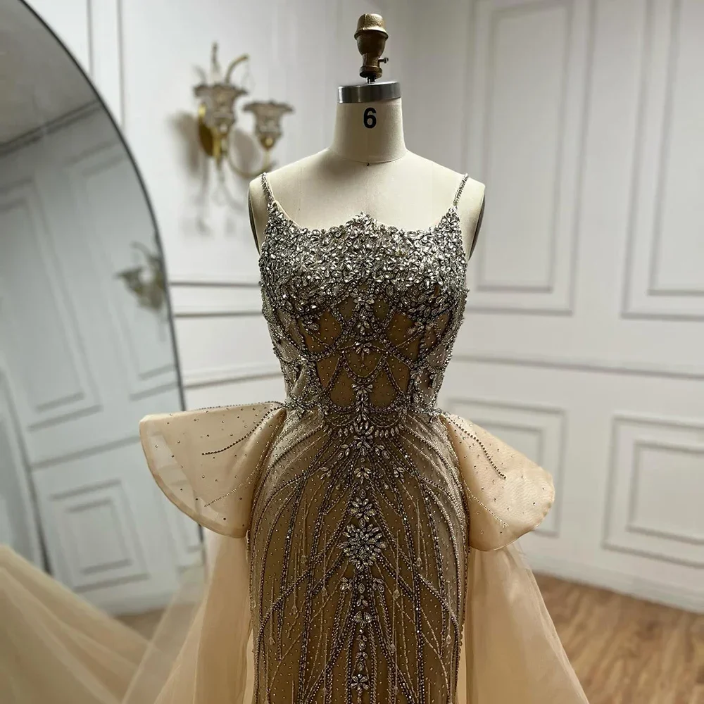 Serene Hill Customized 2025 Nude Saudi Beaded Spaghetti Strap Evening Dresses Gowns with Overskirt for Formal Occasion LA72810