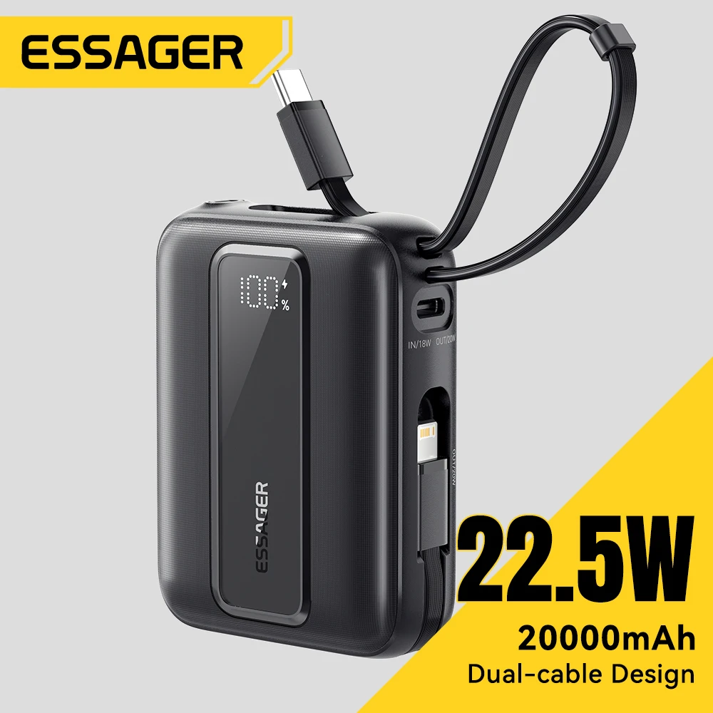 Essager-Banco de energía de 20000mAh, cargador portátil con 2 Cables integrados, batería externa de carga rápida de 22,5 W para iphone 16