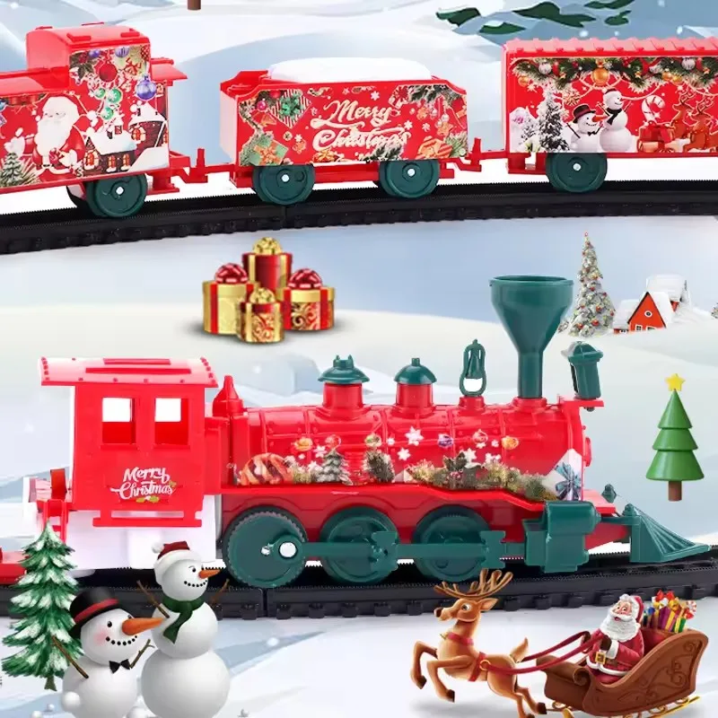 Classico set di treni natalizi con set di binari ferroviari sonori, modelli di giocattoli di treni a batteria, binari ferroviari natalizi