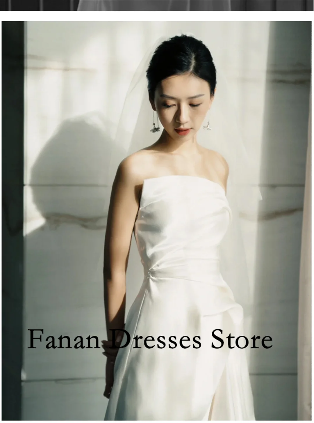FANAN Corea Guaina Lunghezza pavimento Senza spalline Raso di seta Senza maniche Corsetto increspato Abiti da sposa nnegolare Avorio Personalizzato Bello
