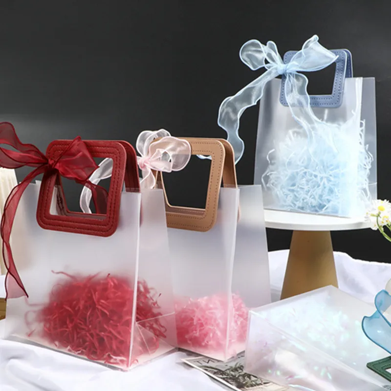 5PCS Clear Gift Bags with Handle PVC Heavy Duty Reusable Shopping Wrap Bag Tote Handbag for Party Birthday Wedding Baby Shower