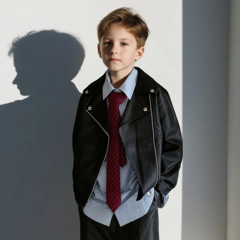 

Boys PU Leather Jacket Cool Biker Style Coat for Kids Spring Autumn School Teen Children Windproof Outerwear Boy Casual Tops 8 Y