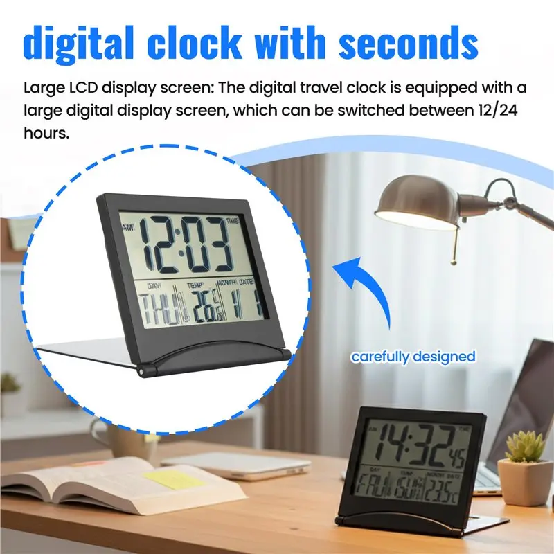 ABSS-2 Pcs Digital Travel Alarm Clock Foldable LCD Clock With Calendar Temperature Snooze Mode Portable Display Desk Clock