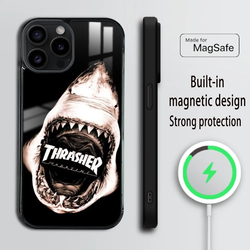 skateboard brand T-thrasher Phone Case For iPhone 16 15 14 13 12 11 Pro Max Plus Mini Magsafe Mirror Wireless Magnetic Cover