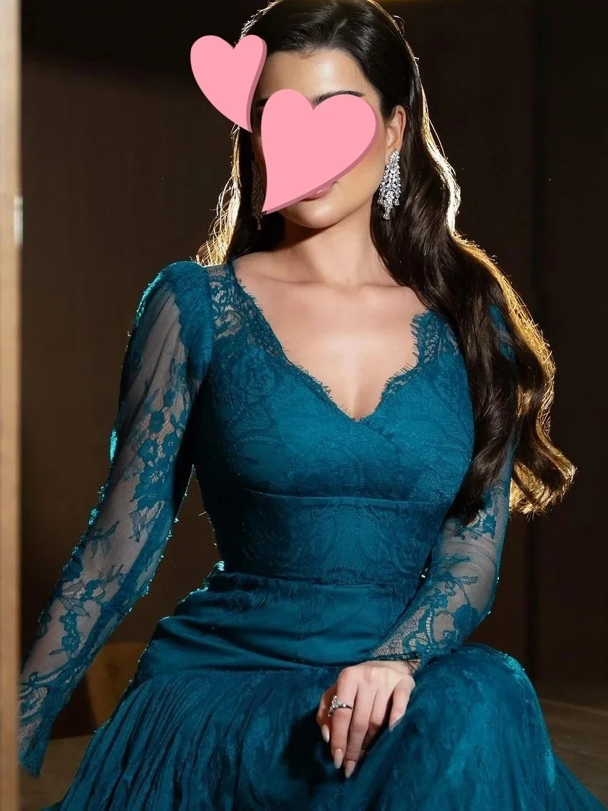 Teal Lace Long Sleeves Bespoke Occasion Gown Evening Dresses Prom Pastrol Unisex Jersey Retro Dubai Saudi Arabic Customized image 2