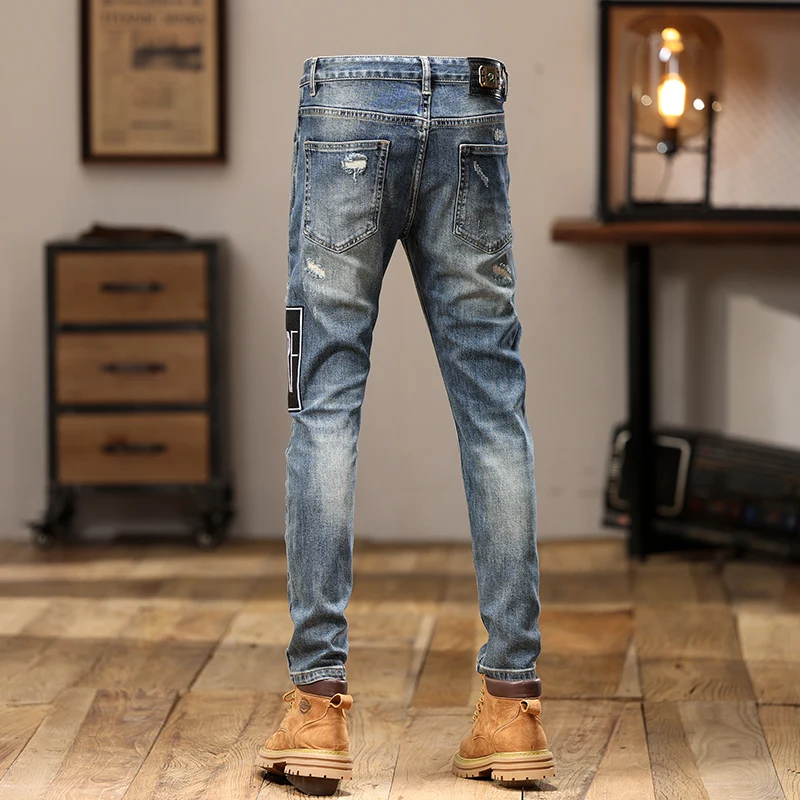 High Street Fashion Men Jeans Retro Blue Stretch Skinny Fit Ripped Jeans Men Patched Designer Hip Hop Denim Pencil Pants Hombre