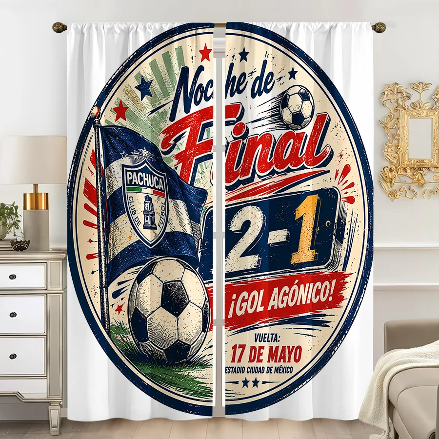 2PCS Curtains, Vintage Distressed Circular Poster Design Featuring Pachuca Football Club Final Match With 2-1 Score, Club Flag,