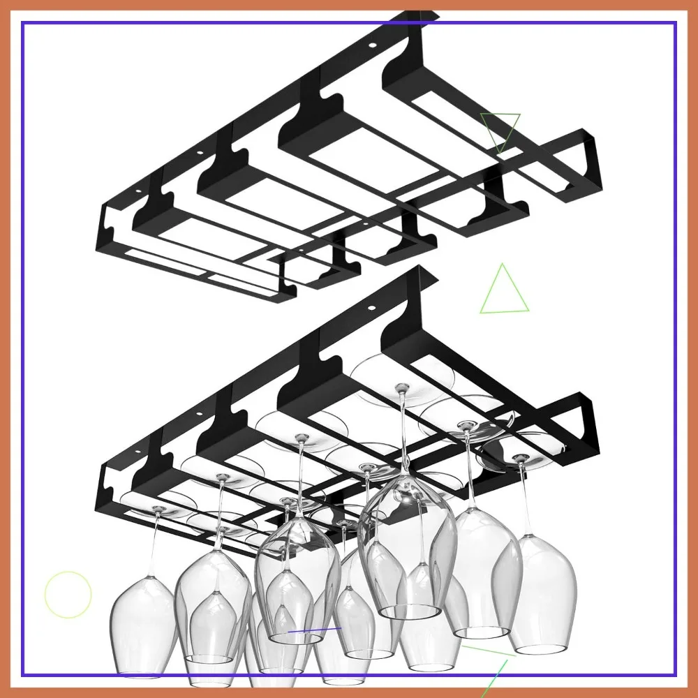 Under Cabinet Wine Glass Rack Holder, Metal Storage Hanger for Stemware in Kitchen Bar, Black 4 Rows 2 Packs