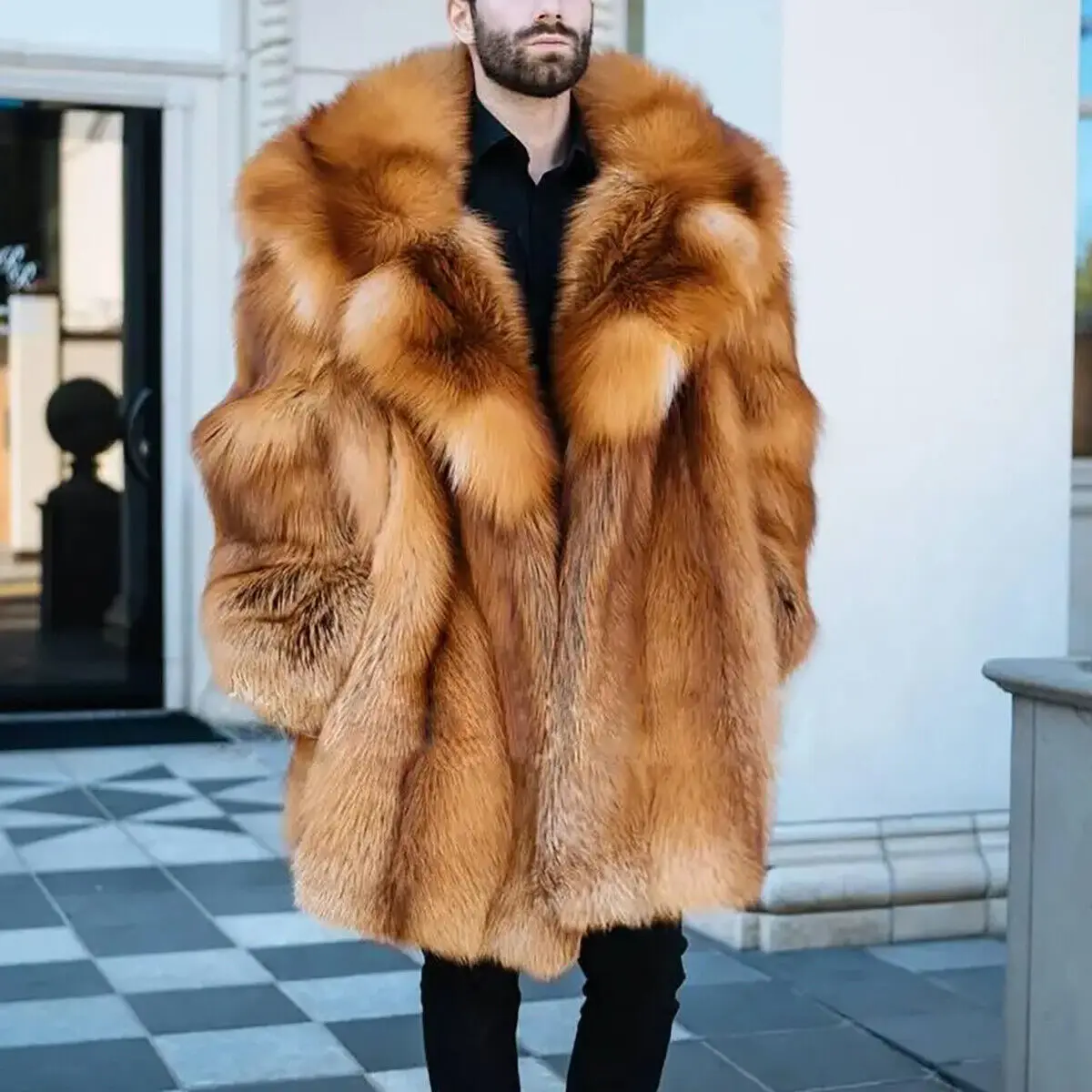 Luxury Men Winter Real Red Fox Fur Coat Shawl Collar Jacket Outwear Fashion Warm Natural Fox Fur Thick Overcoat