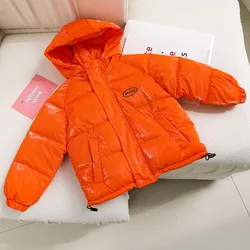 2024 Winter Boys Girls Jacket Solid Color Loose Glossy Waterproof Disposable Thicken Hooded Breadwear For 3-12 Years Old