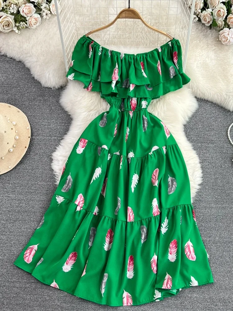 ジェントルブリーズ ワンショルダー 肩露出ヘムライン 痩身 Aライン プリント ドレス ビーチ バケーション マキシスカート 韓国風 半袖