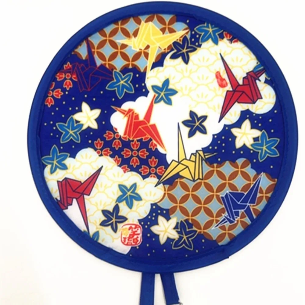 Portable Japanese Style Folding Fan Mini Size Nylon Handheld Fan Colorful Flower Pattern Round Decorative Fan