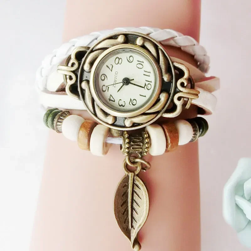 Vintage Bracelet Quartz Wrist Watch with Weave Wrap Leather Band Leaf Beads for Women