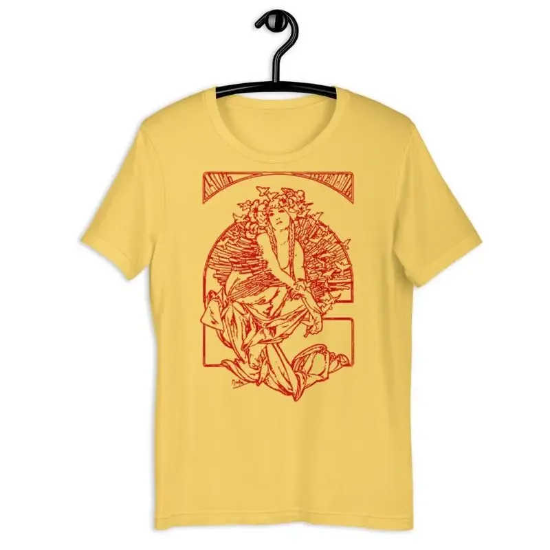 Woman In Red T Shirt With Flowers And Birds Liberty Illustration Of Mother Nature From Mucha