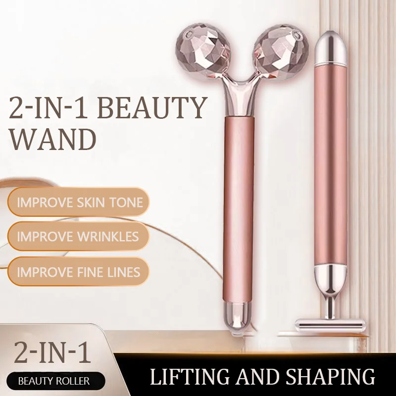 24K Gold Beauty Bar เครื่องนวดหน้าไฟฟ้า Vibrating Rose Quartz 3D Roller Face Lifting Body Facial 3D Gua Sha หยกลูกกลิ้ง