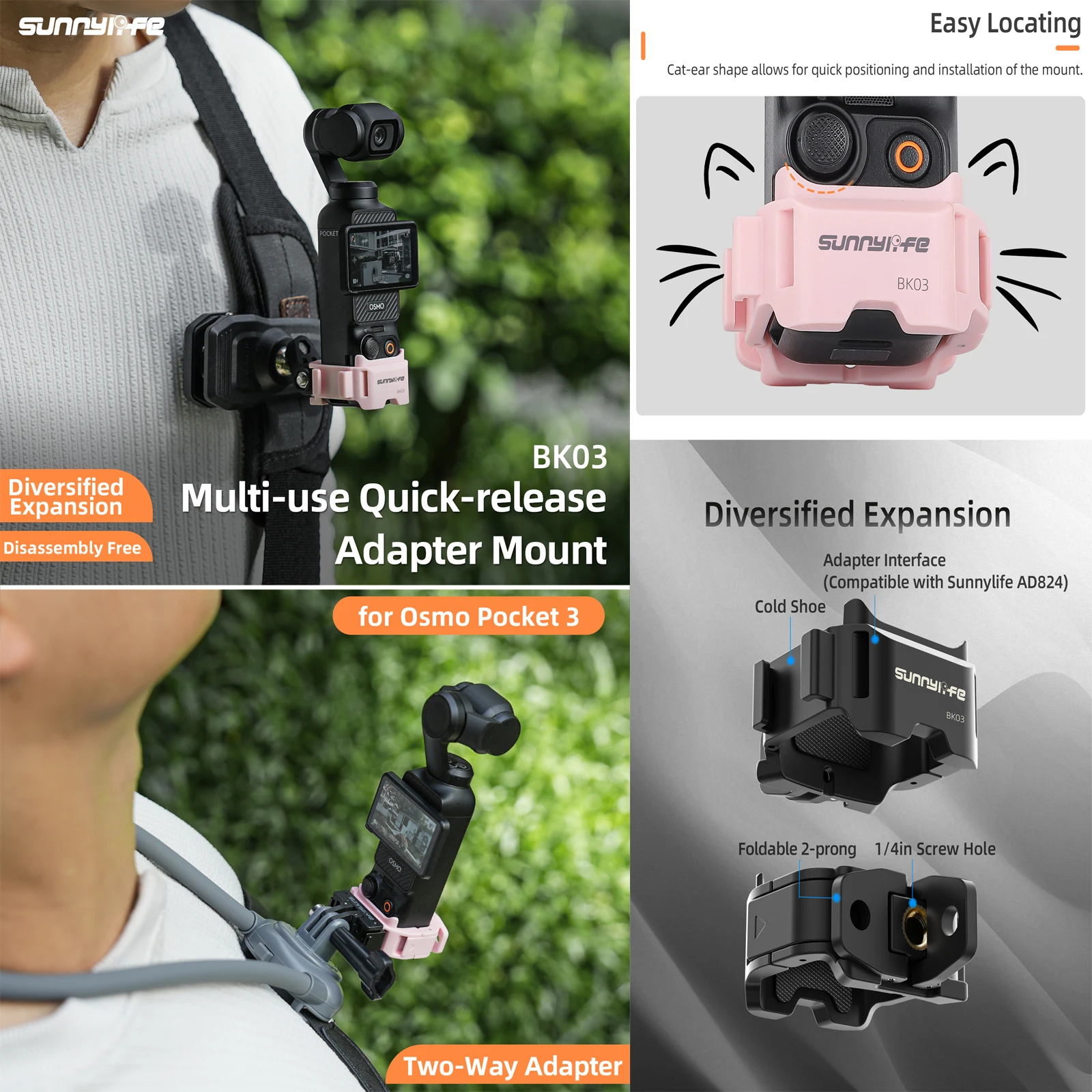 

Sunnylife Quick Release Adapter Mount For DJI Pocket 3 Cat Ear Tabletop Bicycle Windshield Adapters For DJI Pocket 3 Accessories
