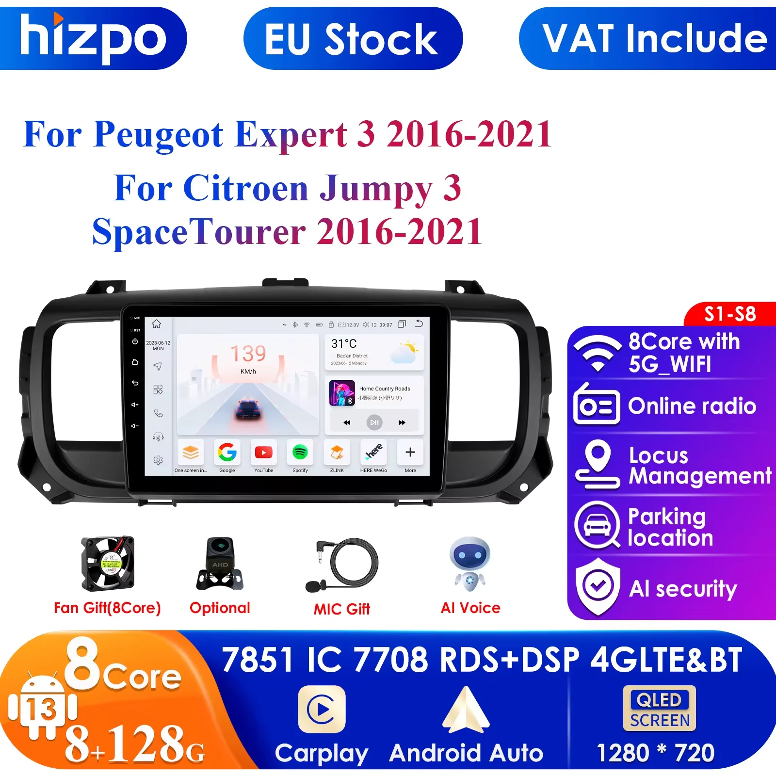 Carplay 4G 9''10.33'' AI System 2Din Android Car Multimedia Player for Peugeot Expert 3 Citroen Jumpy 3 SpaceTourer 2016-2021 BT