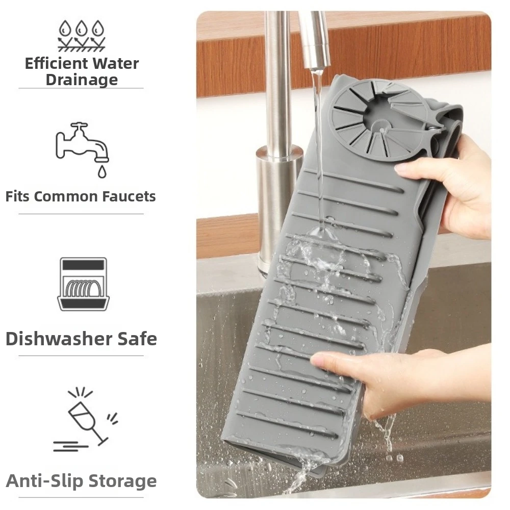 New Silicone Faucet Draining Pad 24 Inch Non-Slip Water Draining Mat 8° Slope 12cm Splash Guard Drying Counter Mat Kitchen Sink