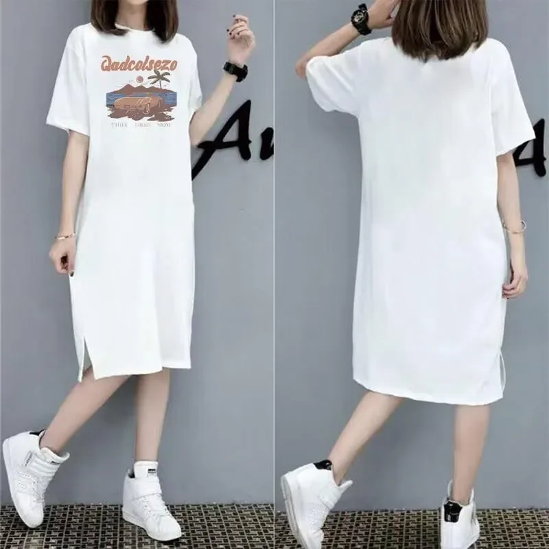 ฤดูใบไม้ผลิและฤดูร้อนสไตล์ยุโรปสไตล์พิมพ์สบายๆสบายๆผู้หญิงขนาดใหญ่แขนสั้นชุดกระโปรงยาว