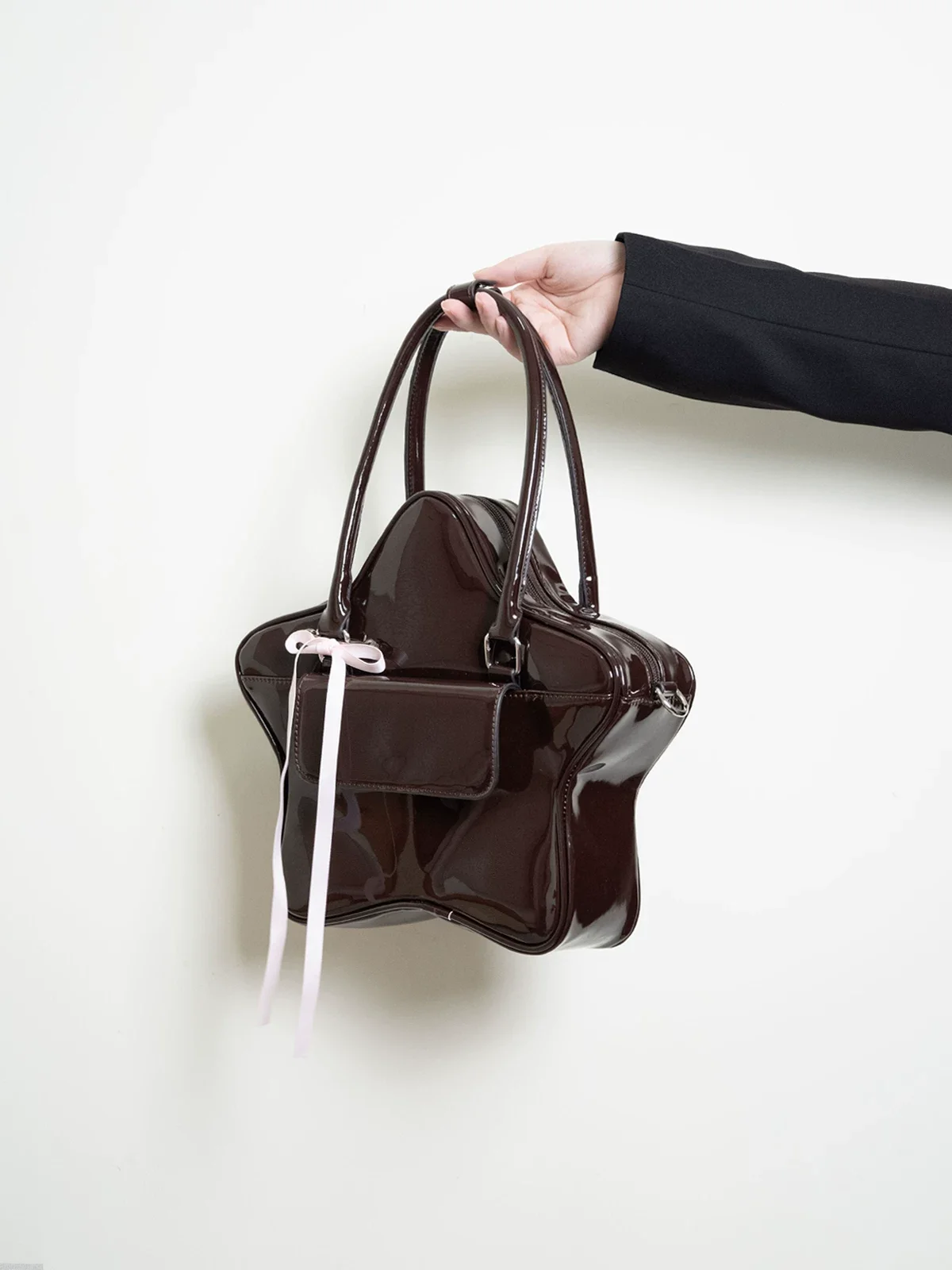 Original Patent Leather Chocolate Pentagram Shape Shoulder Bag Niche Design Cute Pink Bow Handbag Unisex Party Crossbody Bag