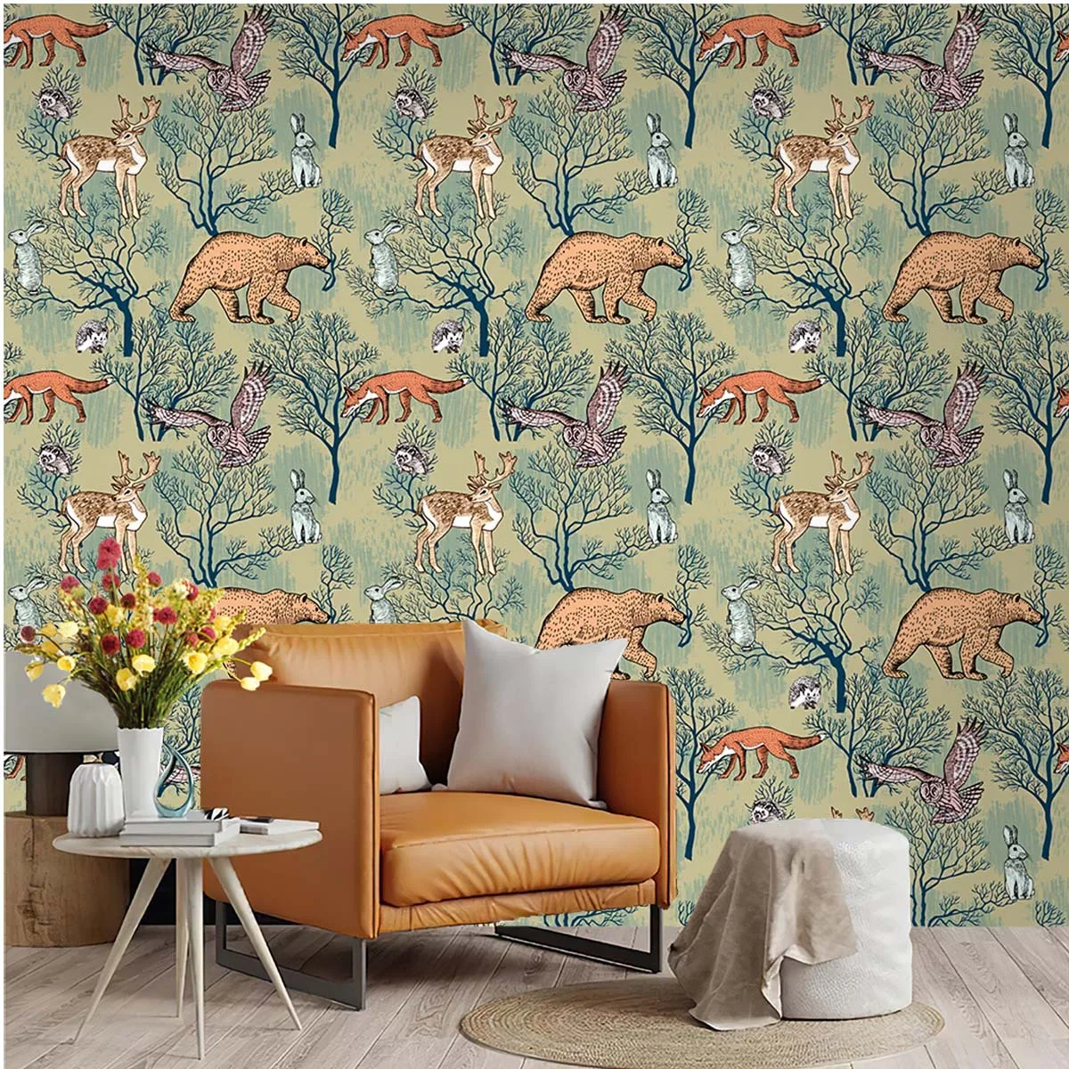 Animal Forest Peel and Stick Wallpaper Plant Deer Rabbits Owl Self Adhesive Removable Contact Wall Paper for Bedroom Renter