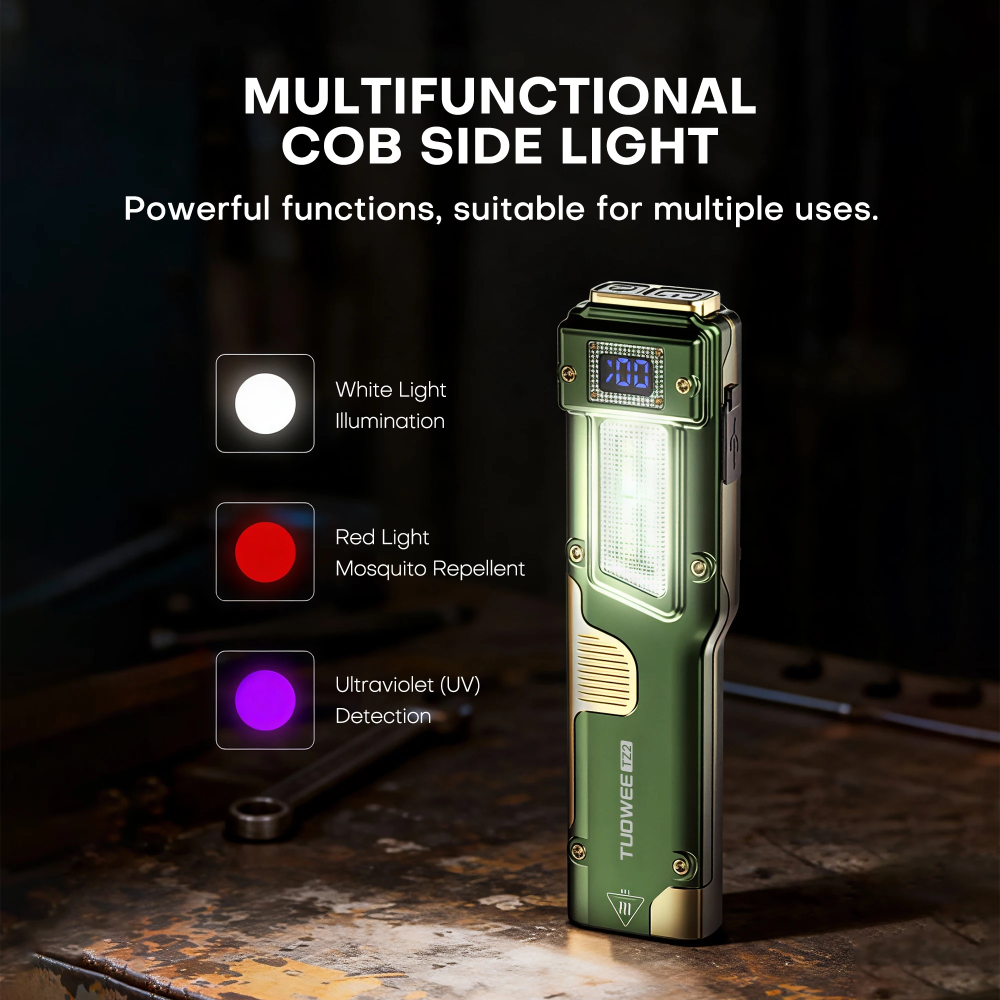 EDC Tactical Flashlight - 2000LM Dual LED, USB-C Rechargeable, COB Side Light with White/Red/UV, LCD Display, Magnetic Clip image 4