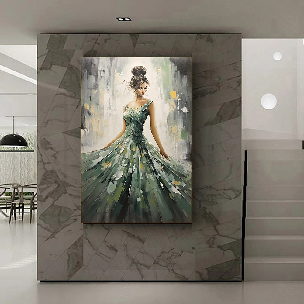 Hand Painted Oil Painting Abstract Dancing Girl Oil Painting on Canvas Large Wall Art Original Beautiful Dancer Art Green Decor