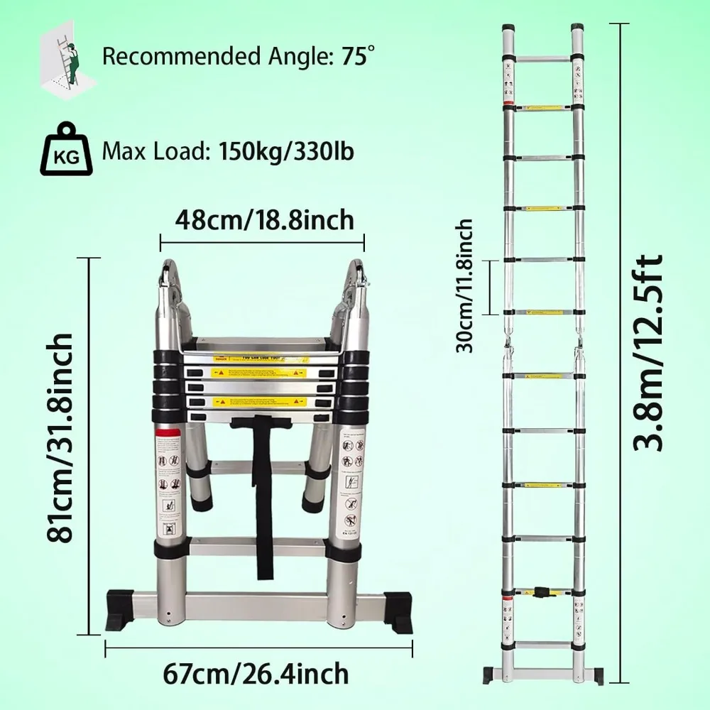 Aluminum Telescopic Ladder - 12.5FT Folding Extension A-Frame 3.8m Straight Ladder Portable Multi-Purpose with 1.9m+1.9m Section