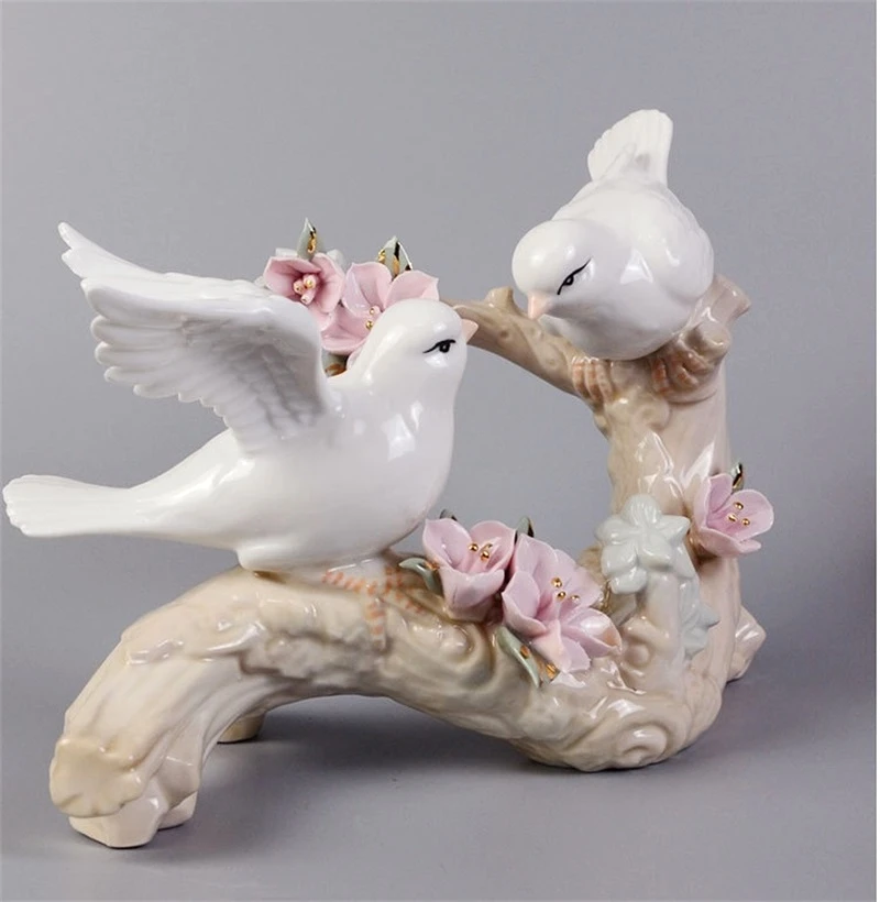Porcelain Tree Branch Bird Statue Hand Painted Ceramics Birdie Couple Sculpture Bedroom Ornament Sitting Room Decor Gift Craft