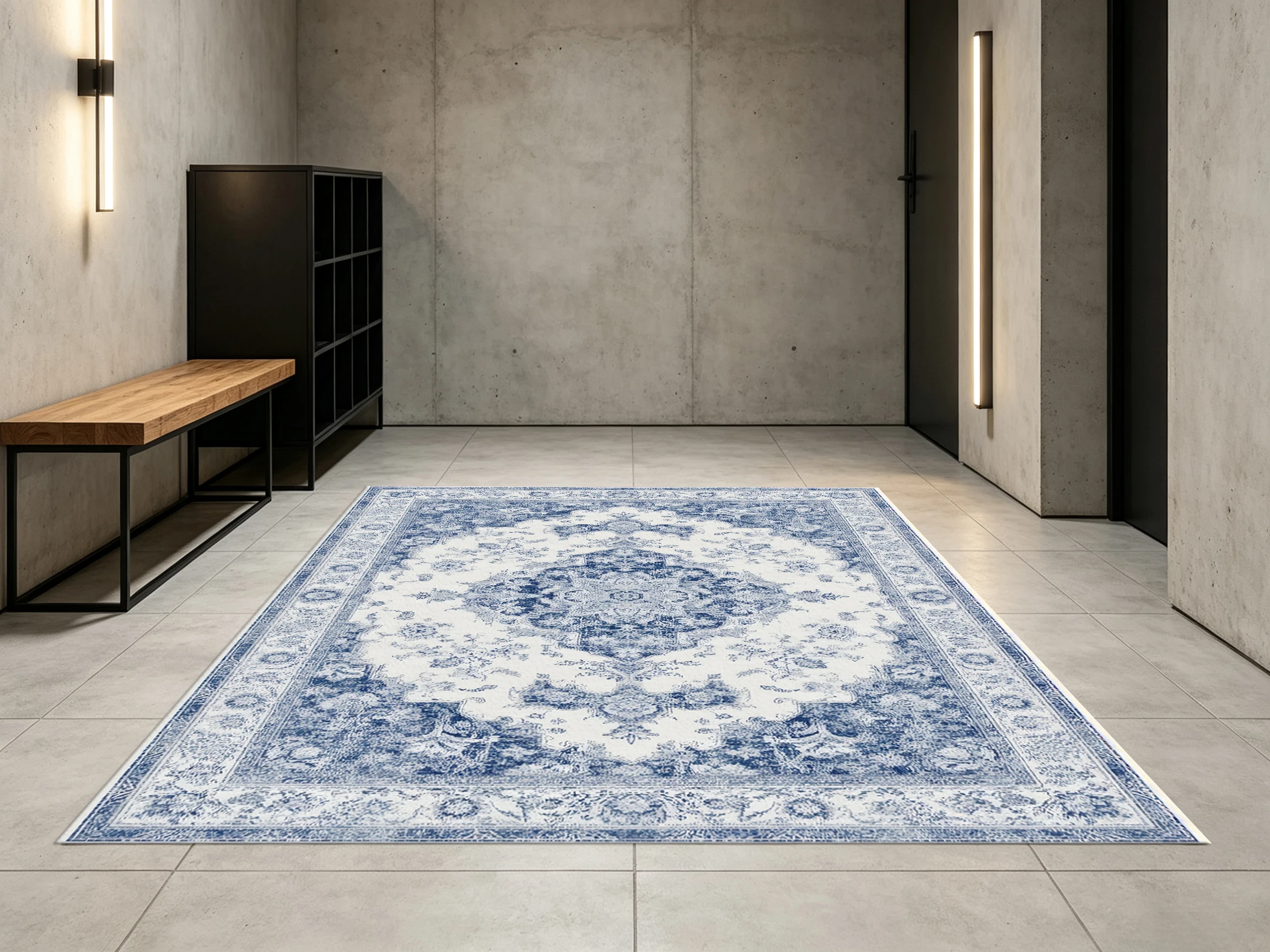 Blue‑White Vintage Faded Area Rug, Classic Circular Medallion Pattern, Cozy Autumn Winter Mat for Living Room Balcony Home Decor