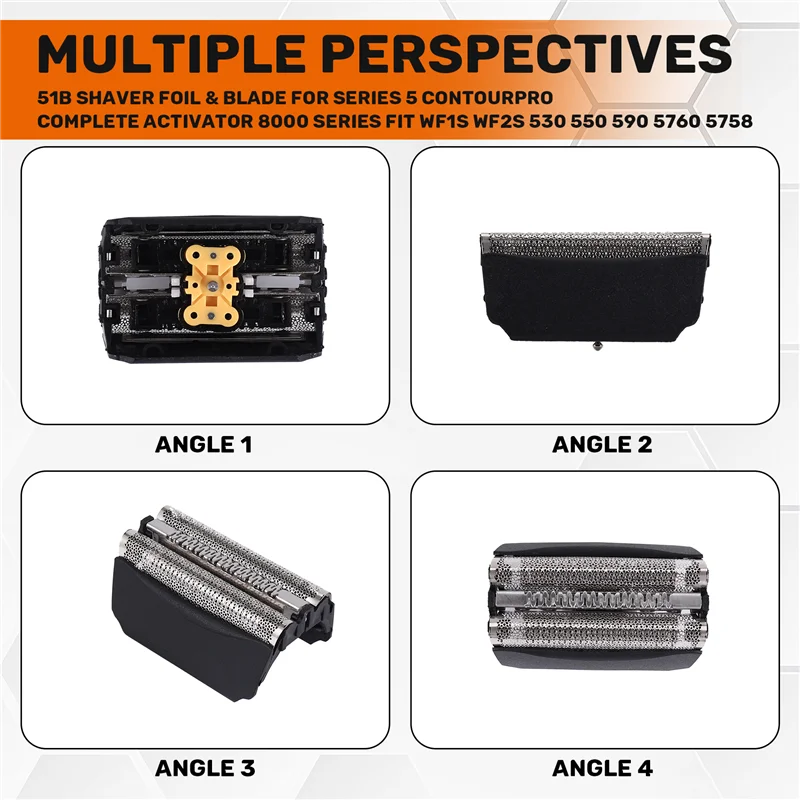Folha e lâmina de barbeador 51B para Braun Série 5 Contourpro Ativador completo Série 8000 Fit WF1S WF2S 530 550 590 5760 5758