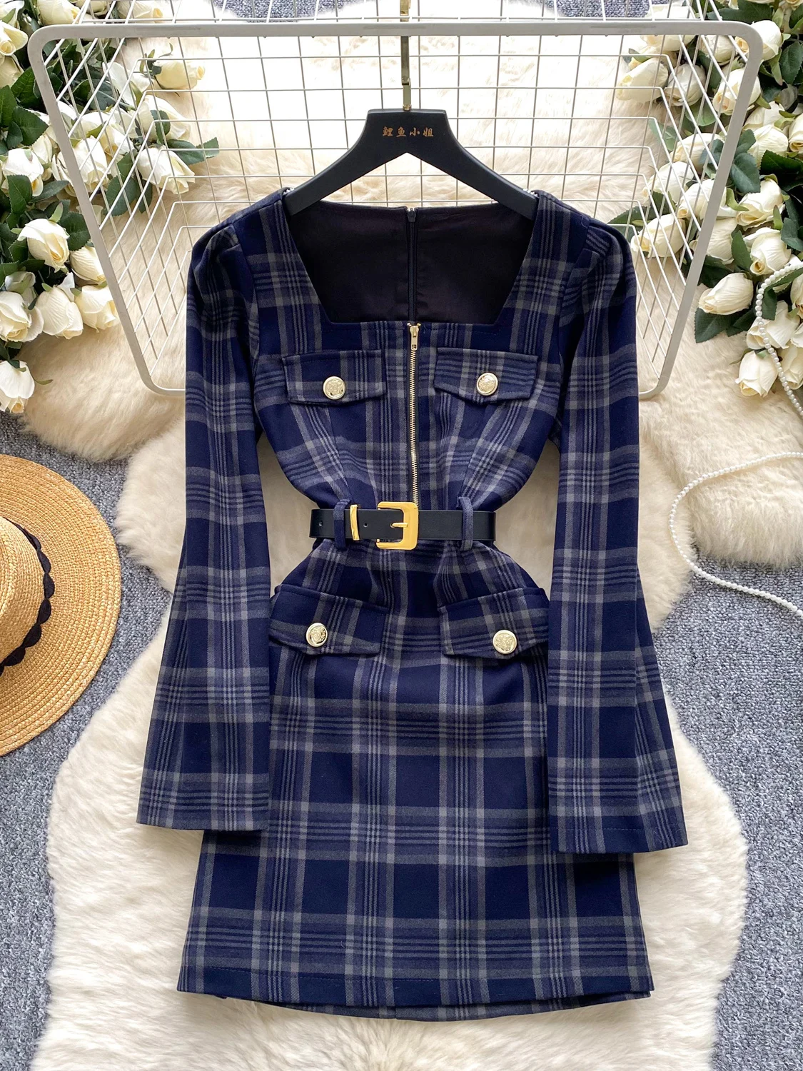 

Ретро клетчатая темно-синяя короткая юбка трапециевидной формы с поясом и квадратным вырезом на талии, мини-платье, женское элегантное элитное осеннее офисное платье