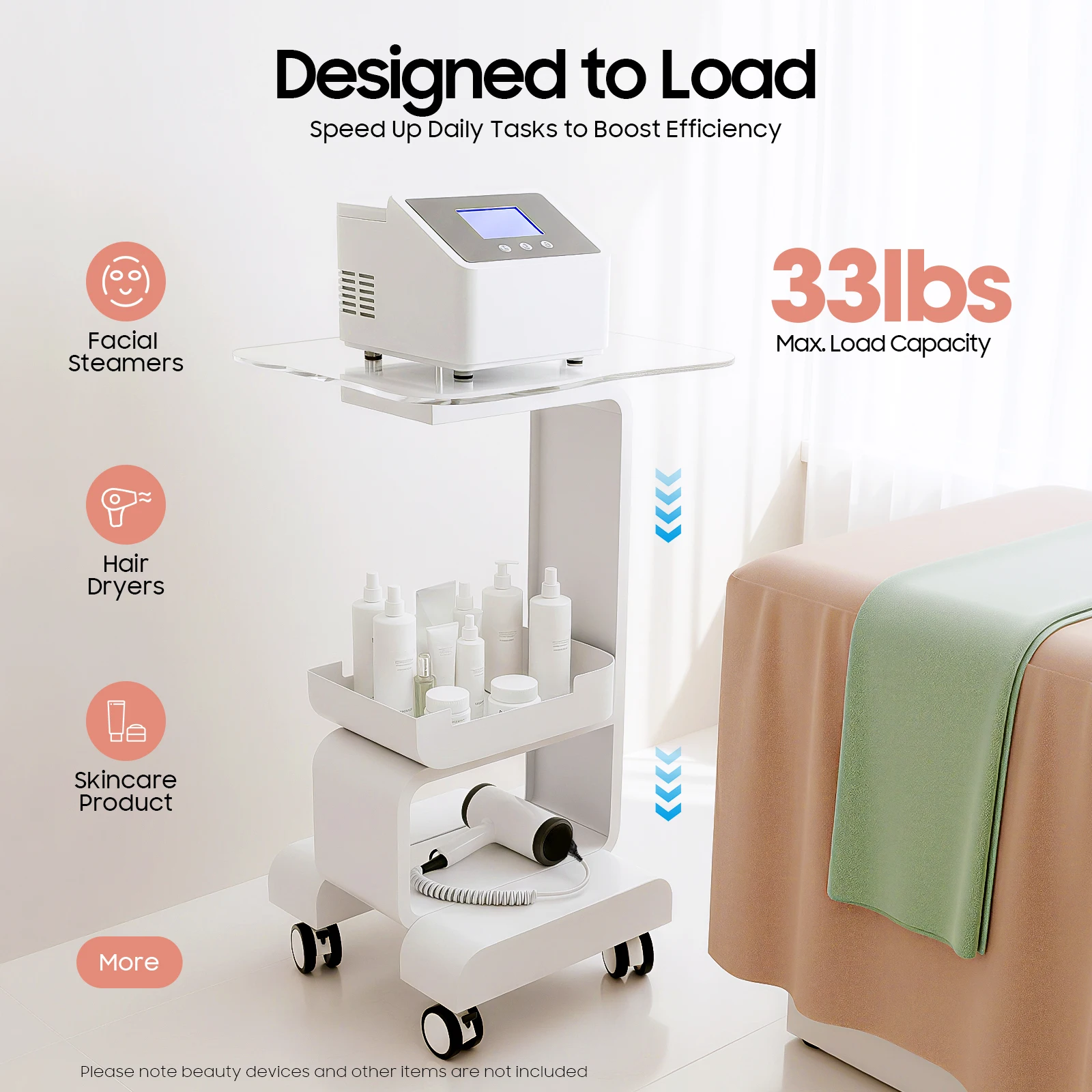Wózek kosmetyczny do salonu piękności, sprzęt do salonu kosmetycznego, wózek do umieszczania sprzętu, ruchomy stół na sprzęt z szklaną szklaną panelą, koszyk do przechowywania, biały