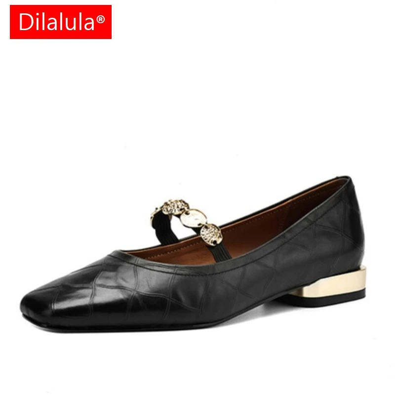 Dilalula 2025 Newest Genuine Leather Pmps Women Square Toe Natural Leather Mary Janes Metal Decoration Low Thick Heels Pumps