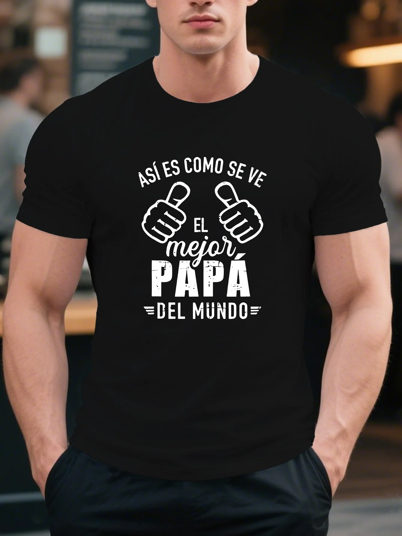 

Мужская футболка «SPANISH is the Best Dad» — повседневный круглый вырез, летний топ с короткими рукавами и жирным геометрическим принтом, светло-серый, Perfe