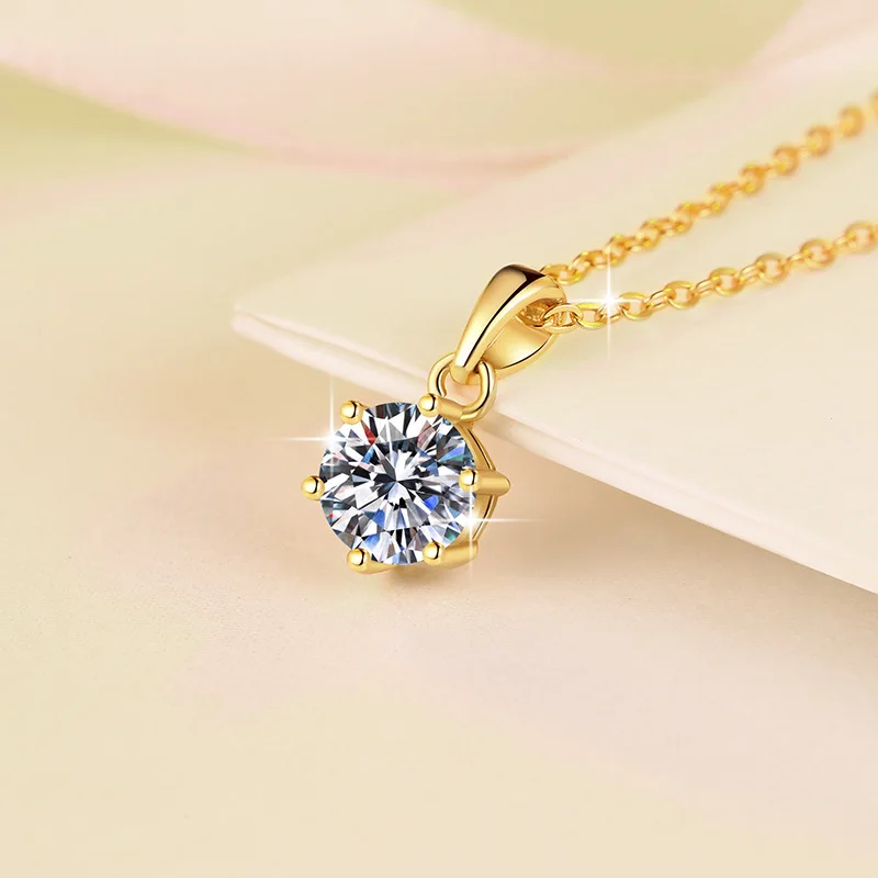 

Luxury Solid Real 18k Gold Women's Simple Moissanite Diamond Six-Claw Pendant Collarbone Chain Ins Fashion Necklace