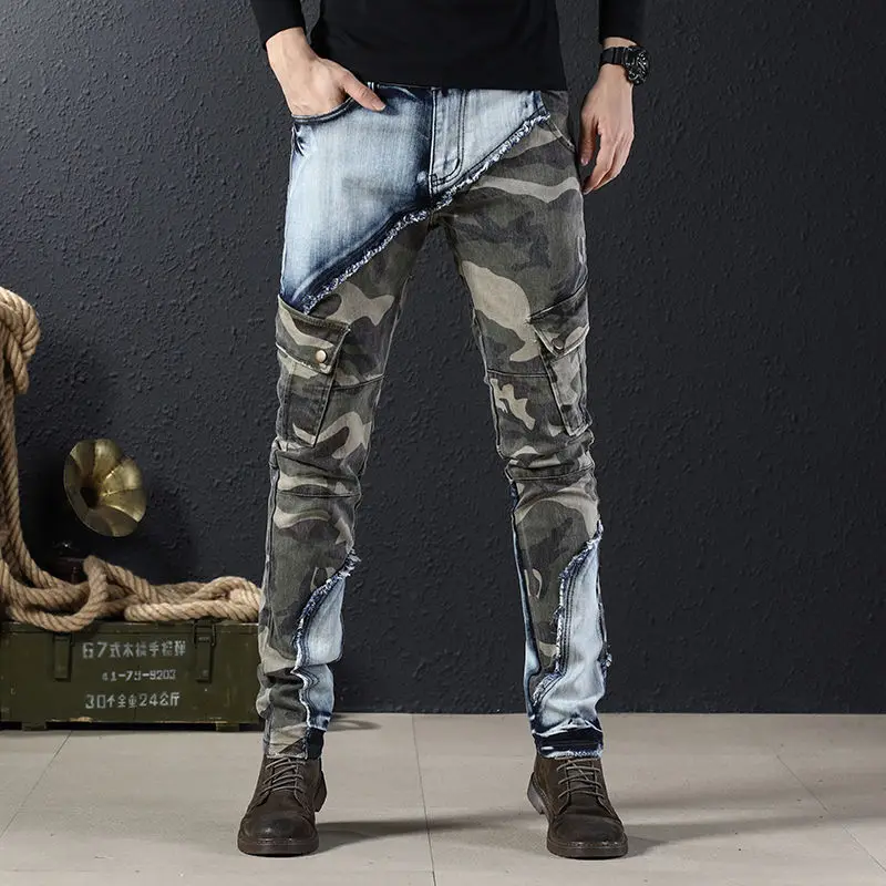 Men’ Light Luxury Outdoors Sports Cargo Jeans,Wear-proof Camouflage Denim Pants,Military Fans Multi-pockets Trendy Casual Pants