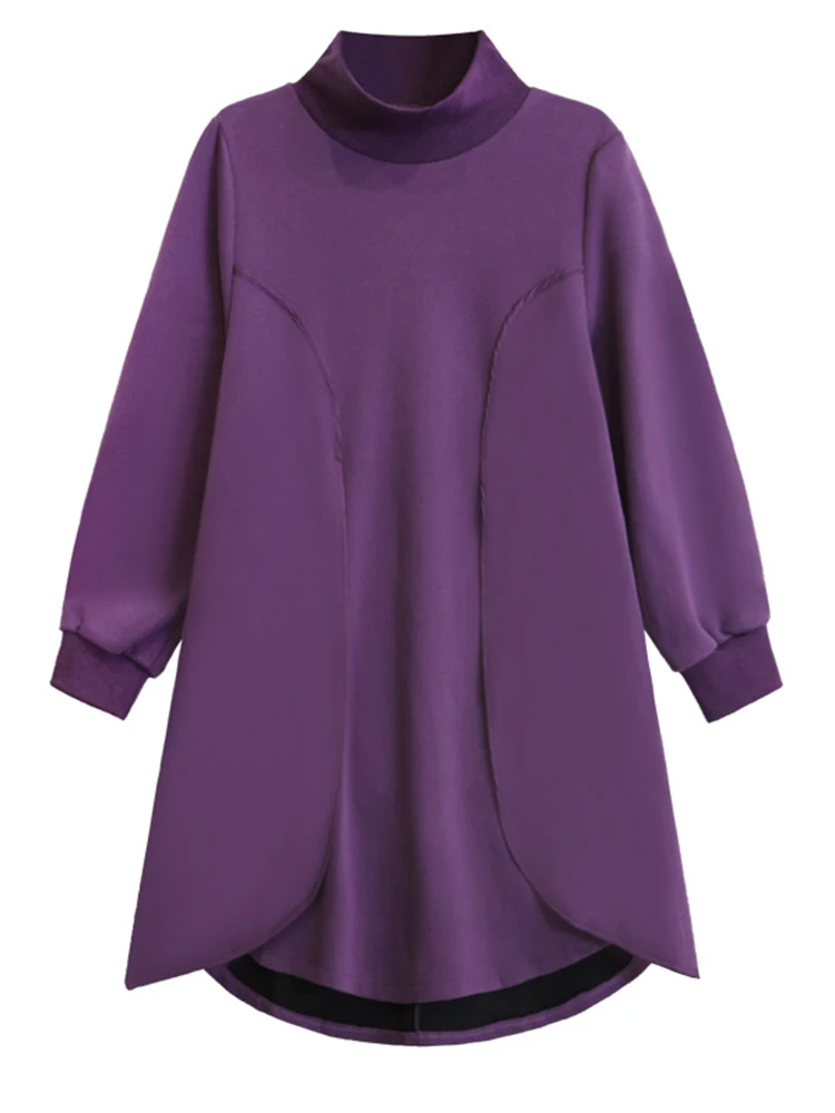 [EAM] Purple Brief Long Side Slit Sweatshirt New Turtleneck Long Sleeve Women Big Size Fashion Tide Spring Autumn 2023, 1DH7236