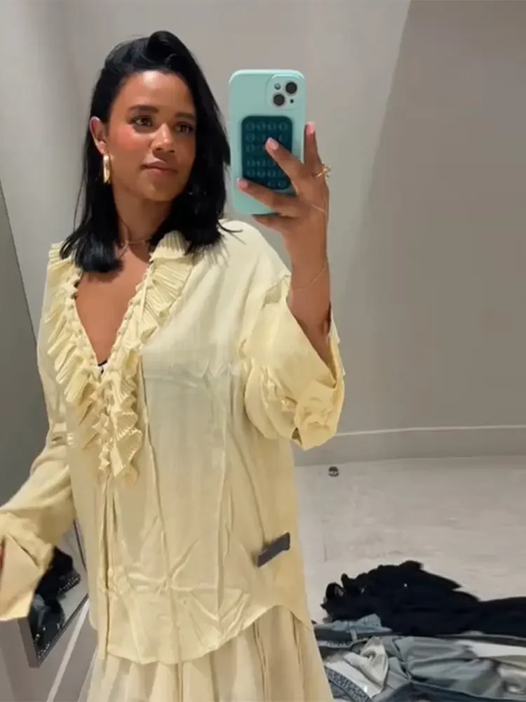 

Casual Yellow Long Sleeves Shirts Cozy Women V-neck Ruffle Patchwork Lace Up Loose Blouse 2025 New Female Daily High Street Tops