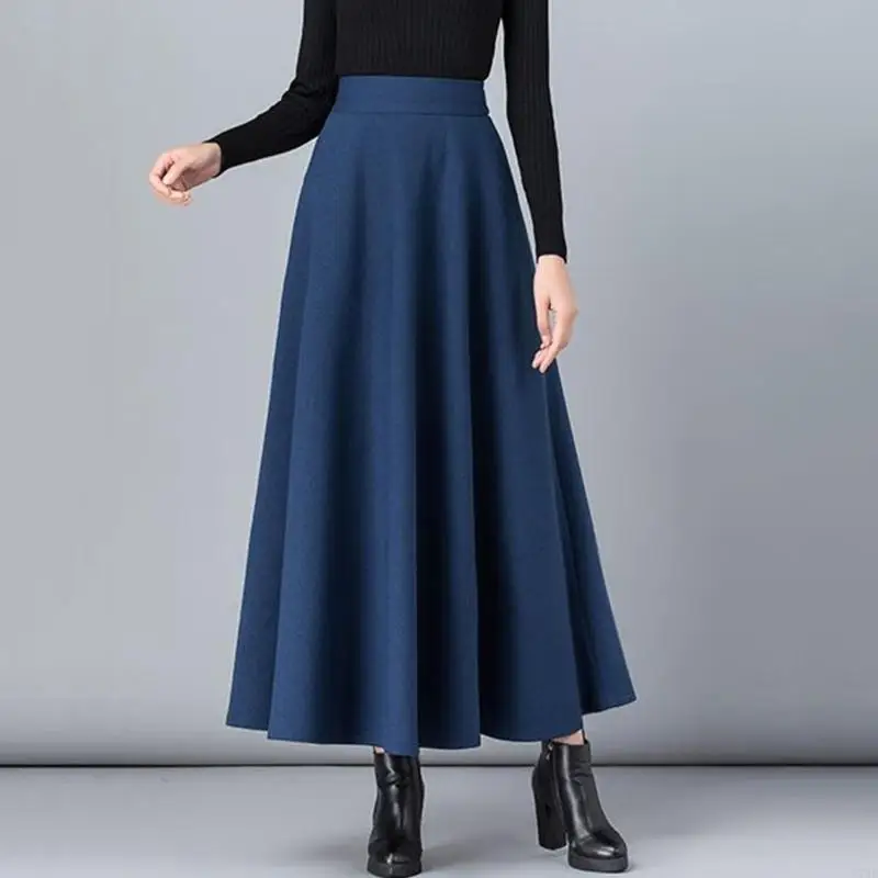

77HE Women's Skirt Warm Elastic Waist Wool A-Line Pleated Solid Color Winter Long Skirts